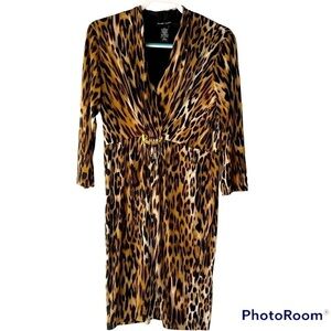 New York & Company Womens Leopard Casual Formal Office Sheath Dress Buckle, Sz L